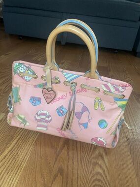 Dooney & Bourke Pink Beach Print Tote Bag Leather Trim Vintage Clean Cowhide